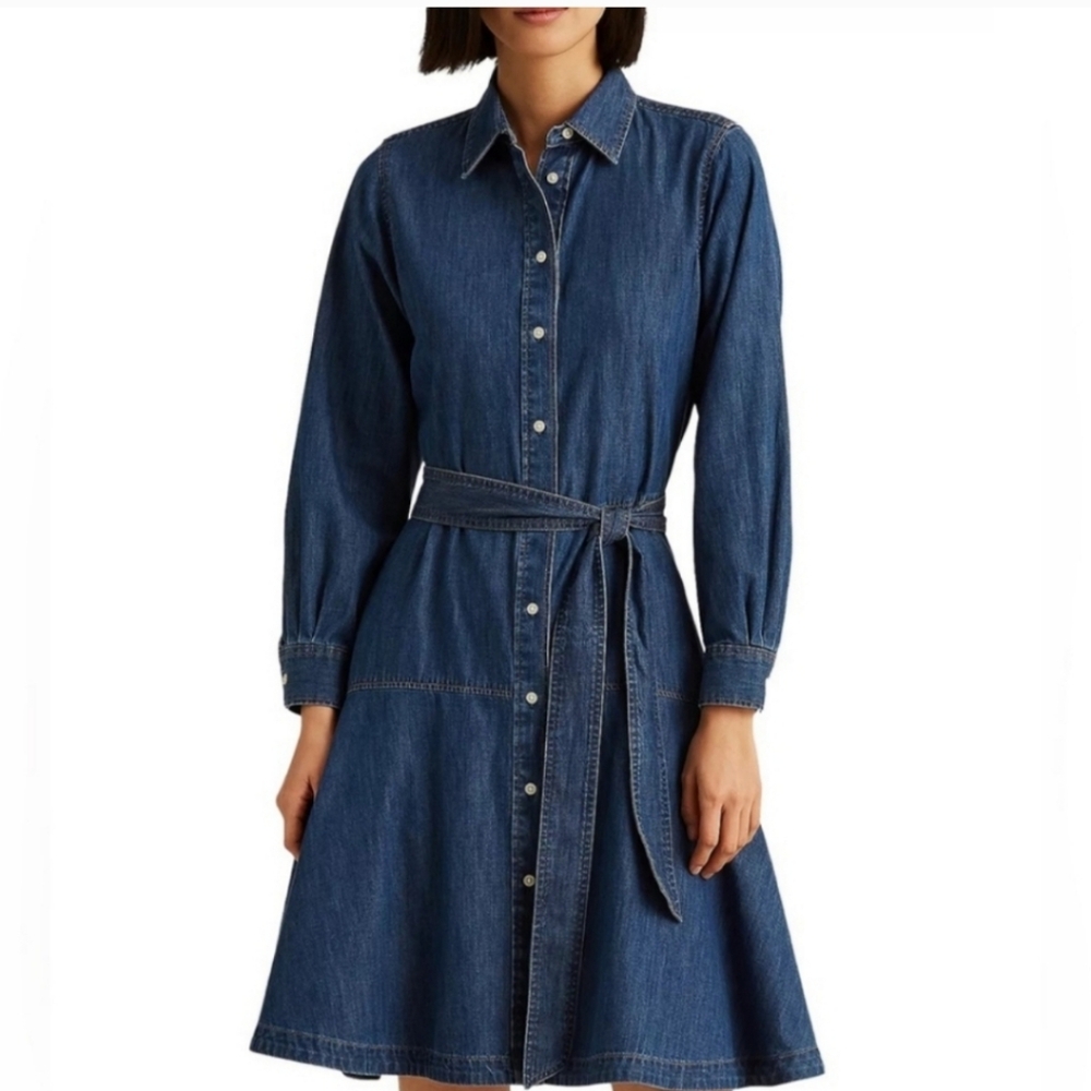 Lauren Ralph Lauren Denim Long Sleeve Tie Waist Button Down Dress with Pockets